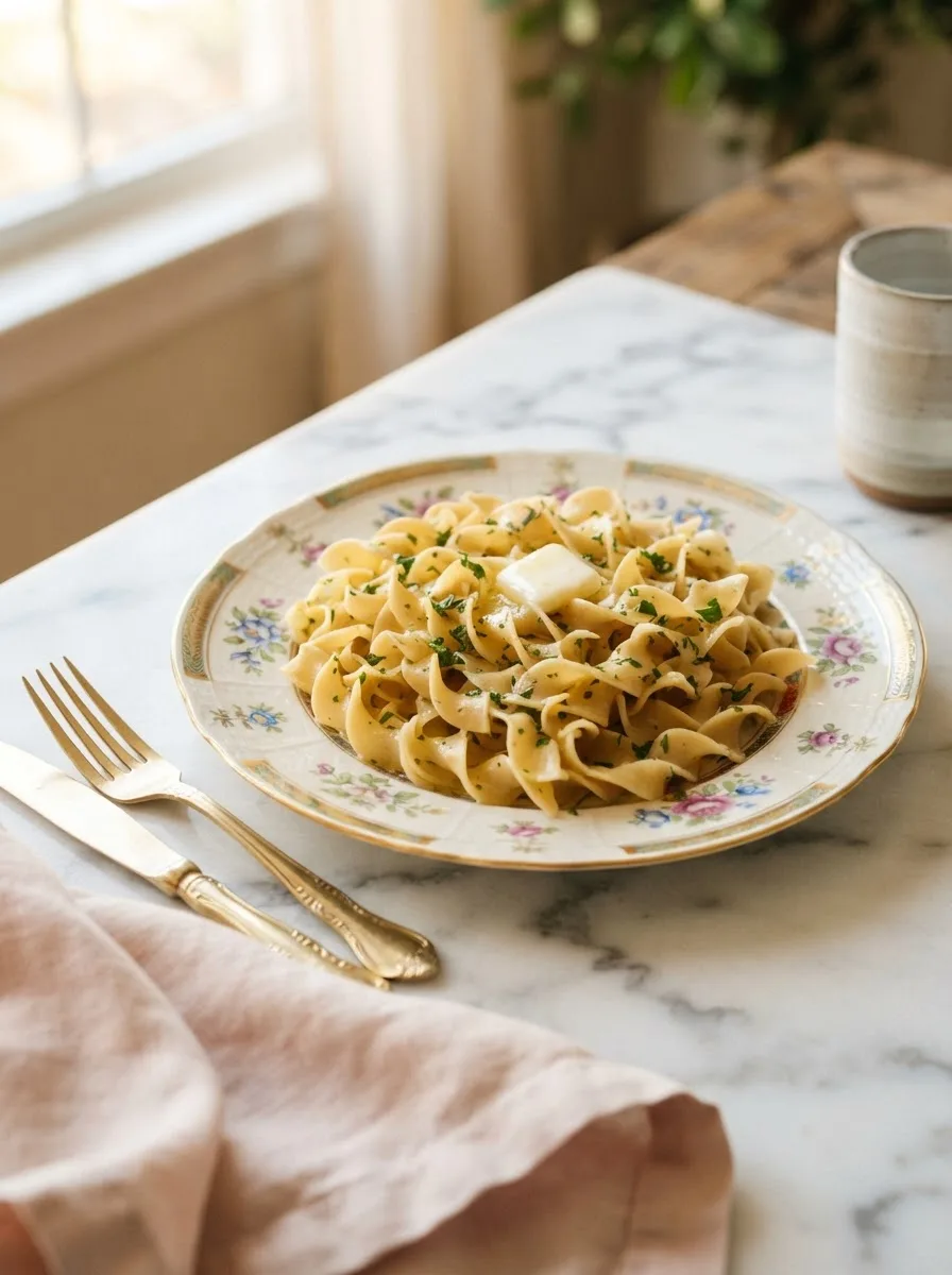 Golden buttered wide egg noodles with parsley on a floral gold-rim plate