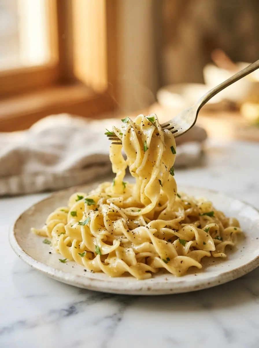 Fork lifting glossy buttered egg noodles coated evenly in melted butter
