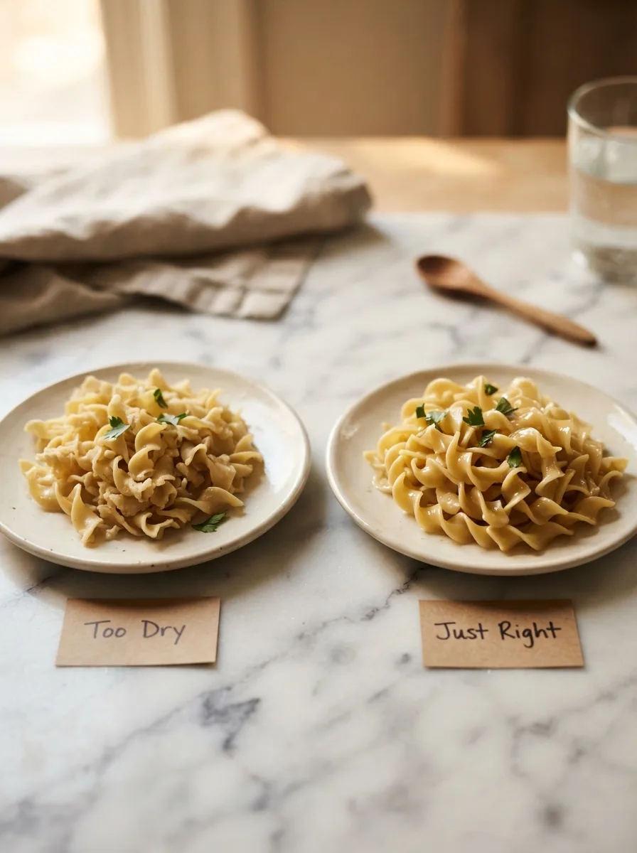 Side-by-side comparison of dry versus glossy buttered egg noodles