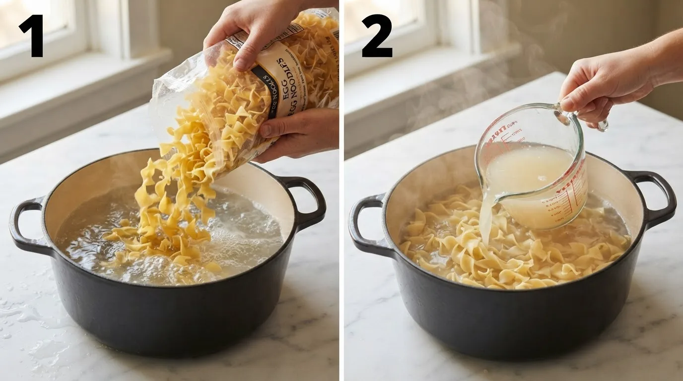 Pouring wide egg noodles into a pot of boiling salted water / Scooping reserved starchy pasta water before draining noodles