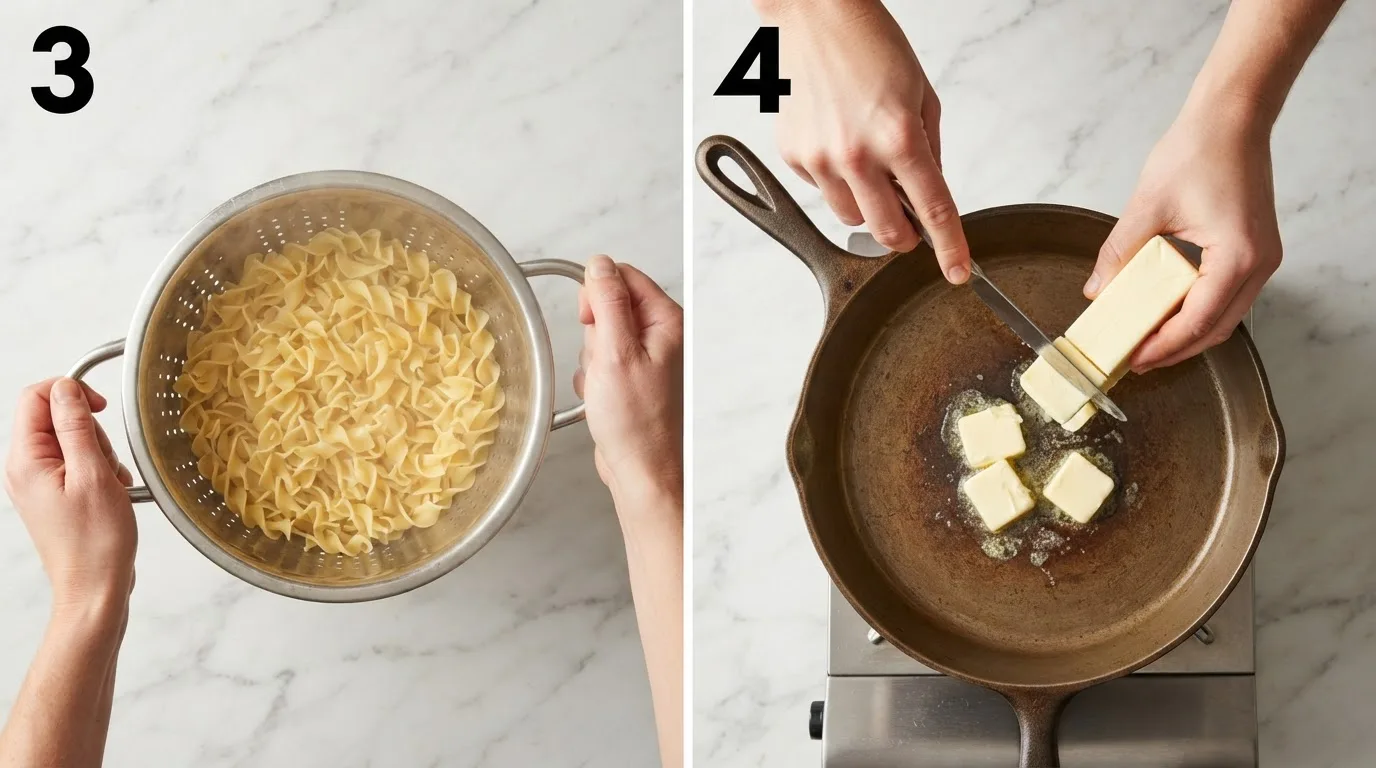 Draining cooked wide egg noodles in a colander without rinsing / Slicing butter pats into a warm skillet for buttered noodles