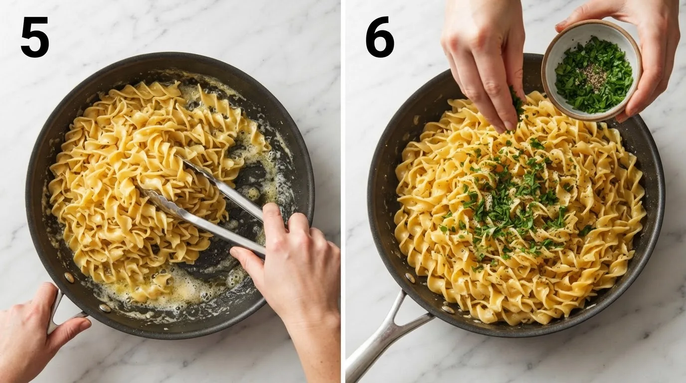 Tossing wide egg noodles with butter and starchy pasta water in a skillet / Sprinkling fresh parsley over finished glossy buttered noodles