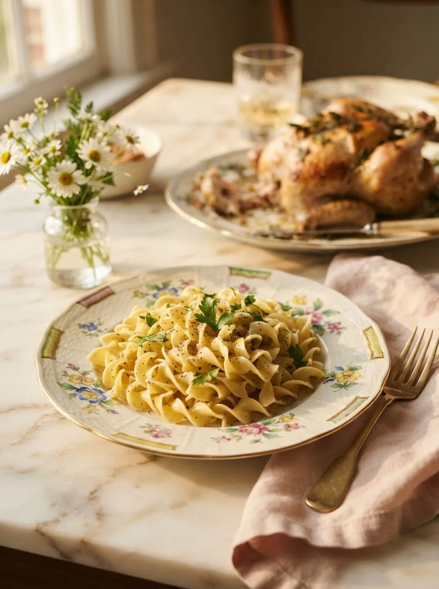 Buttered egg noodles served alongside roast chicken on a floral plate