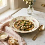 Rustic zuppa del giorno soup with sausage and beans in a floral bowl with gold rim