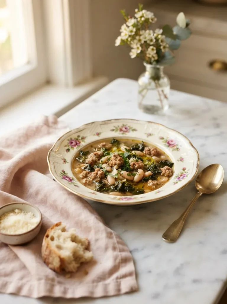 Rustic zuppa del giorno soup with sausage and beans in a floral bowl with gold rim