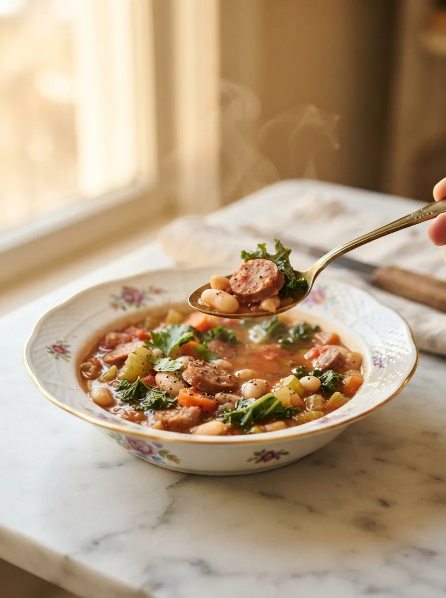 Spoonful of zuppa del giorno showing sausage, beans, and kale in rich broth