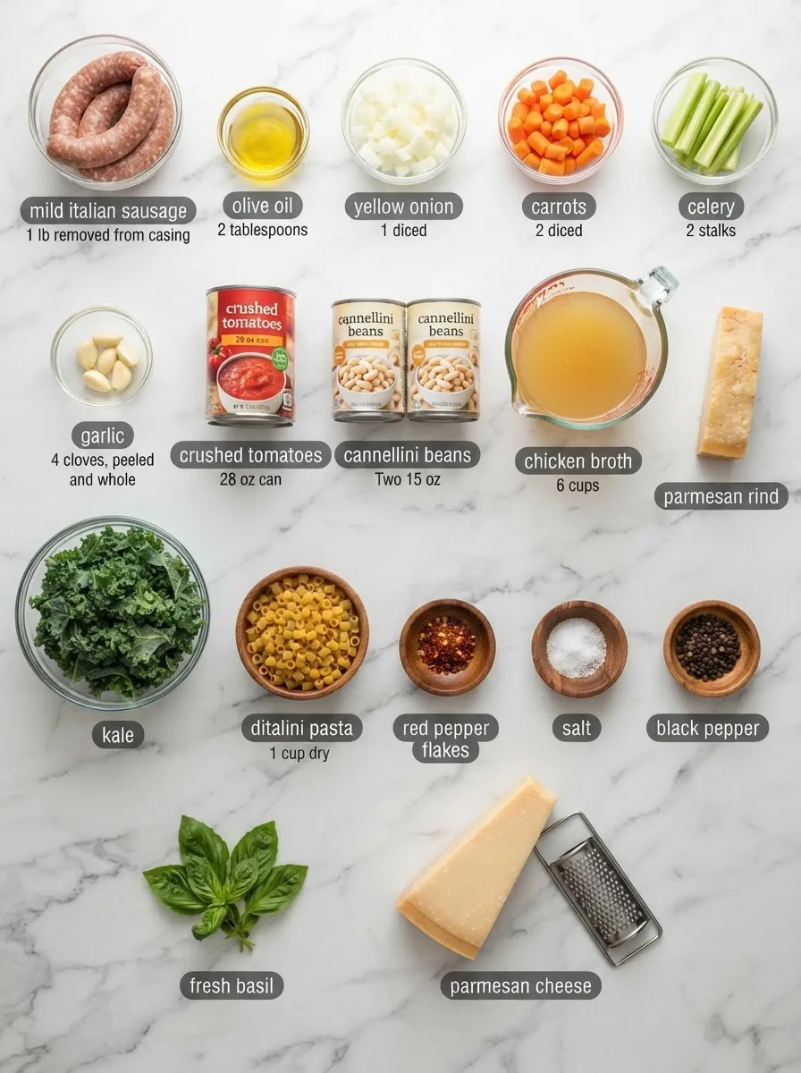 Ingredients for zuppa del giorno measured into bowls: sausage, beans, kale, tomatoes