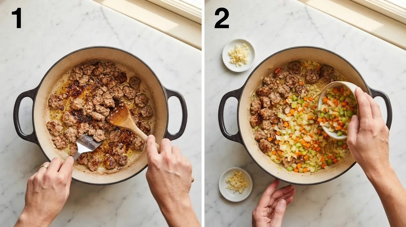 Browning crumbled Italian sausage in a Dutch oven for zuppa del giorno / Adding diced onion, carrot, and celery to browned sausage