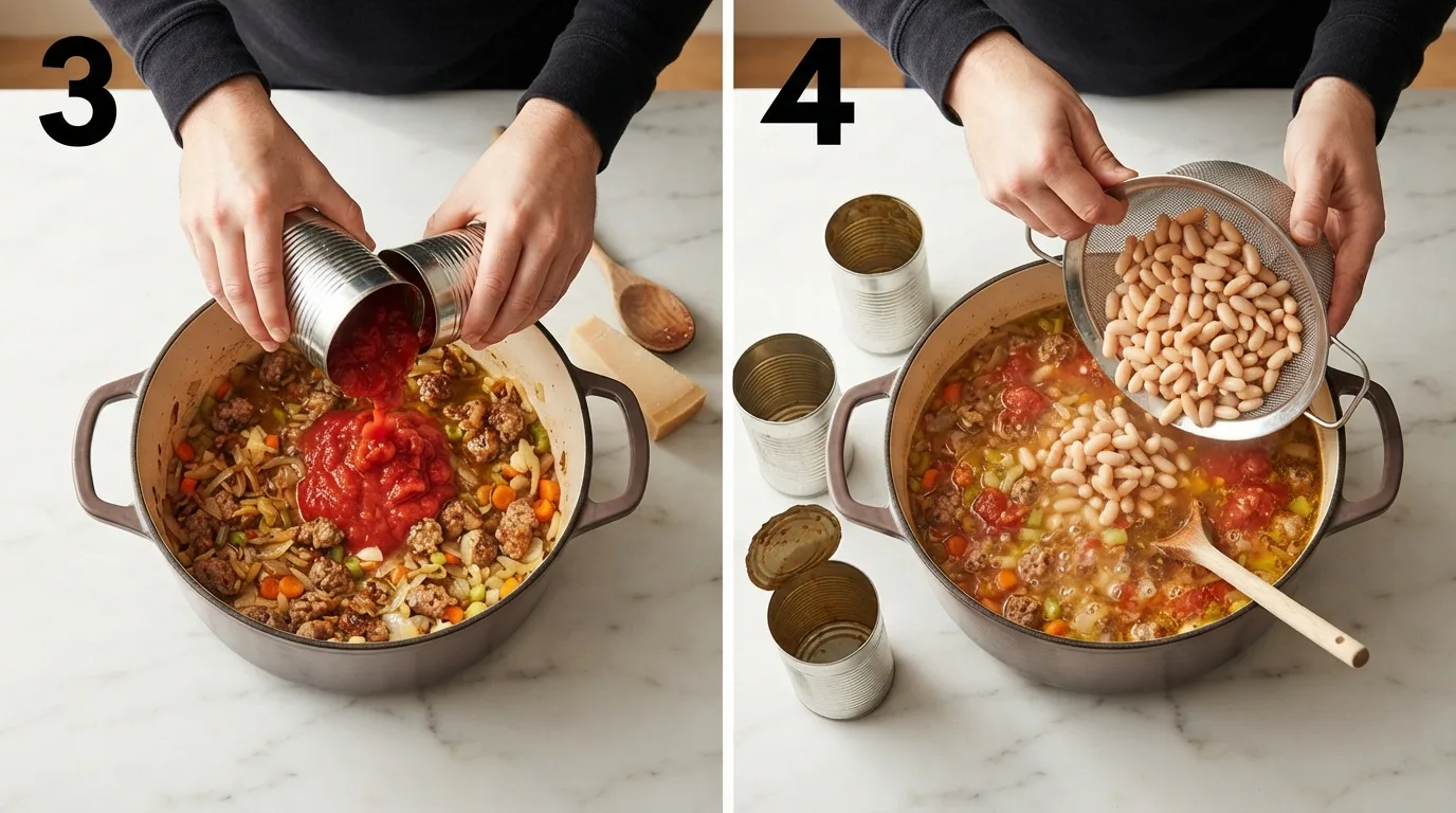 Pouring crushed tomatoes into simmering zuppa del giorno soup base / Adding cannellini beans to zuppa del giorno soup pot