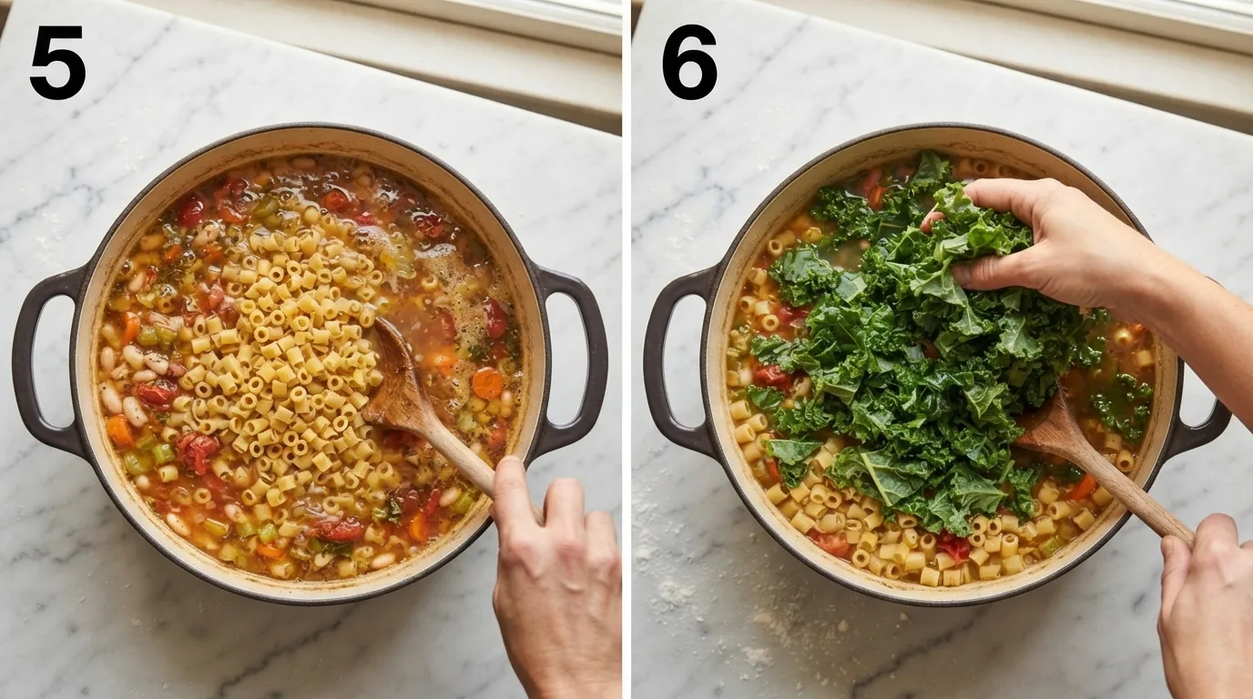 Stirring ditalini pasta into simmering zuppa del giorno soup / Folding chopped kale into zuppa del giorno until wilted