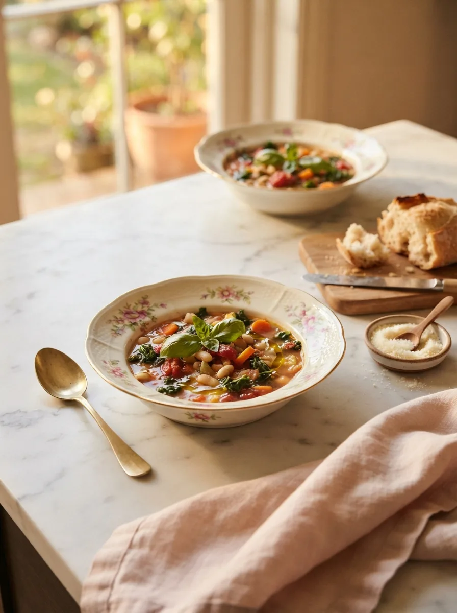 Zuppa del giorno soup served at a rustic dinner table with crusty bread