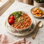 Bowl of foolproof African beans stew with black-eyed peas and glossy red palm oil sauce