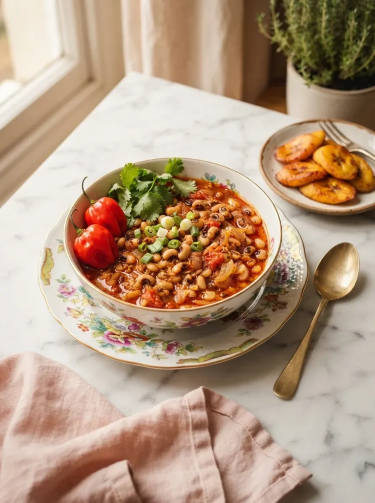 Bowl of foolproof African beans stew with black-eyed peas and glossy red palm oil sauce