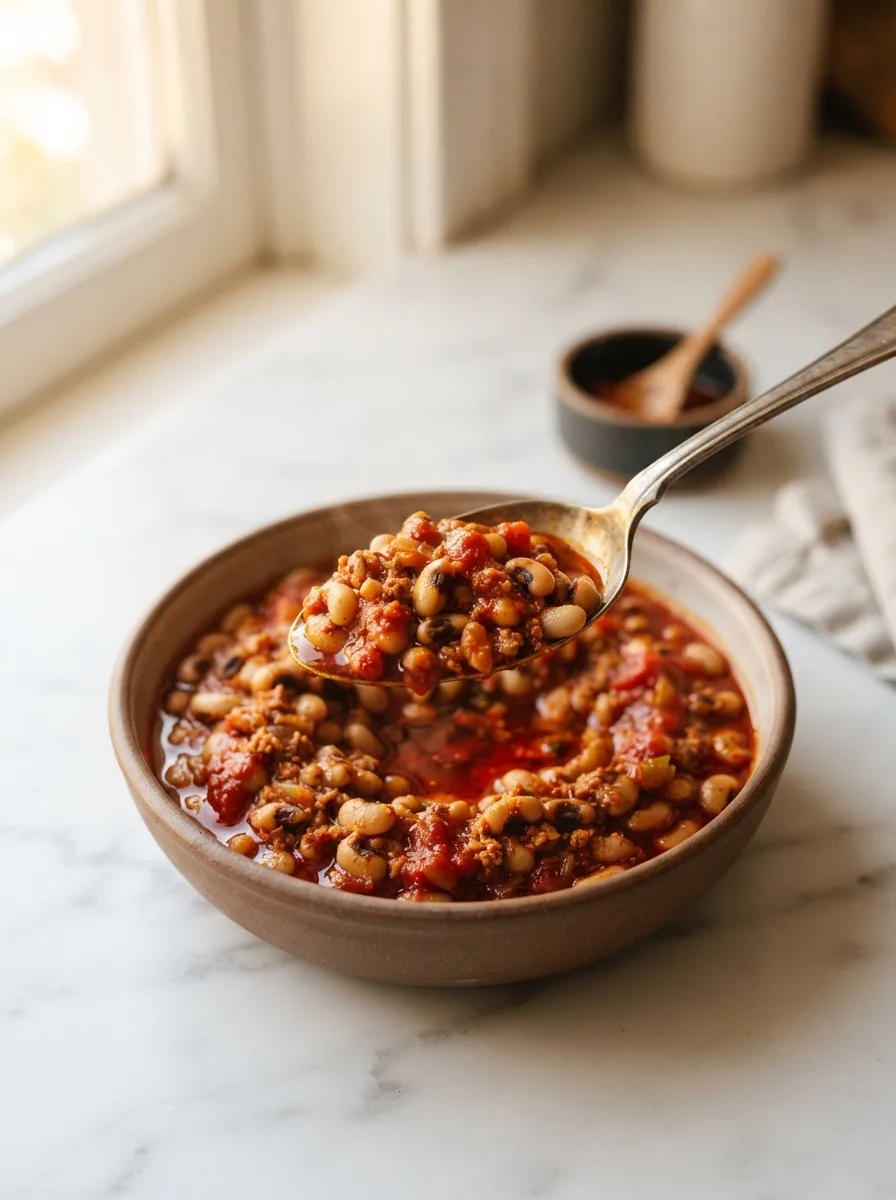 Spoonful of creamy African beans showing glossy tomato pepper sauce and whole black-eyed peas