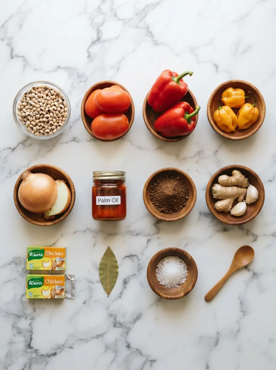 Ingredients for African beans laid out on marble including black-eyed peas, palm oil, peppers