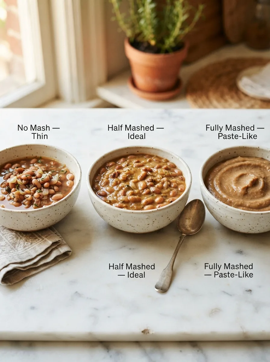 Three bowls comparing unmashed, half-mashed, and fully mashed African beans texture