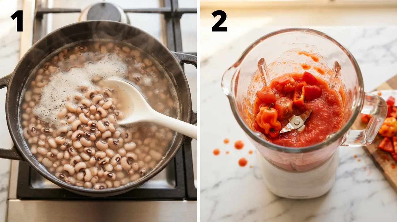 Simmering black-eyed peas in a pot with foam being skimmed from the surface / Blending tomatoes, bell pepper, and scotch bonnet peppers into a chunky red puree