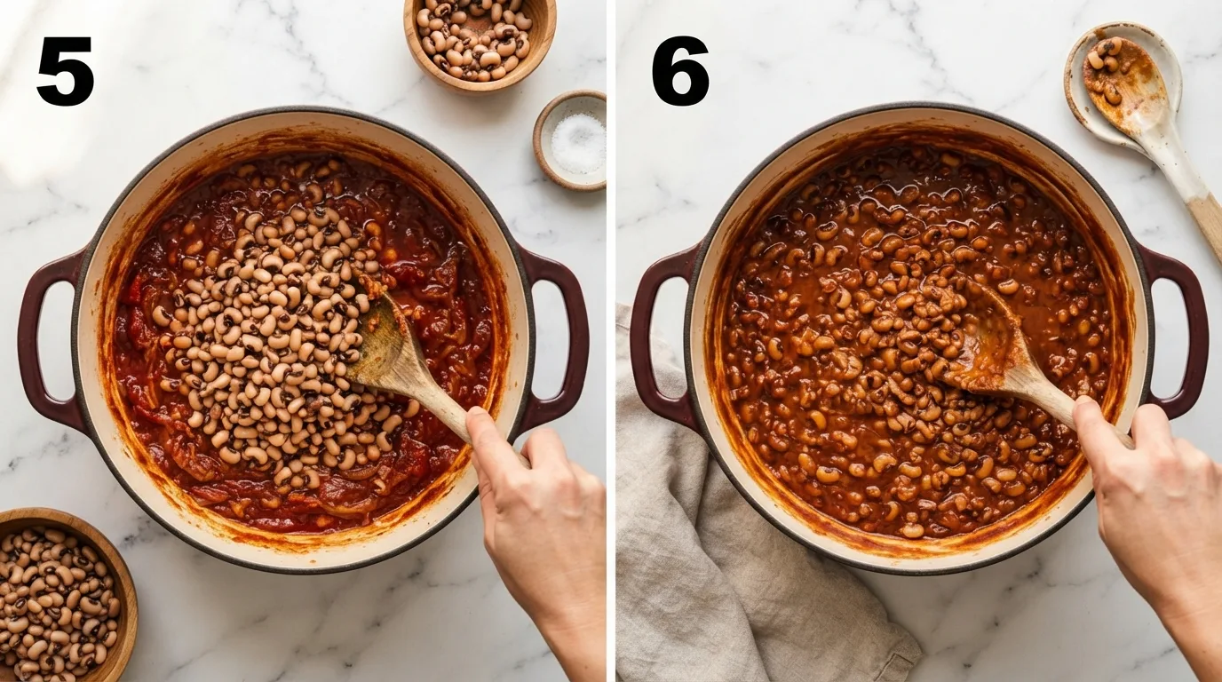 Folding cooked black-eyed peas into fried-down pepper sauce in a Dutch oven / Mashing a portion of beans against the pot to thicken the finished African beans stew