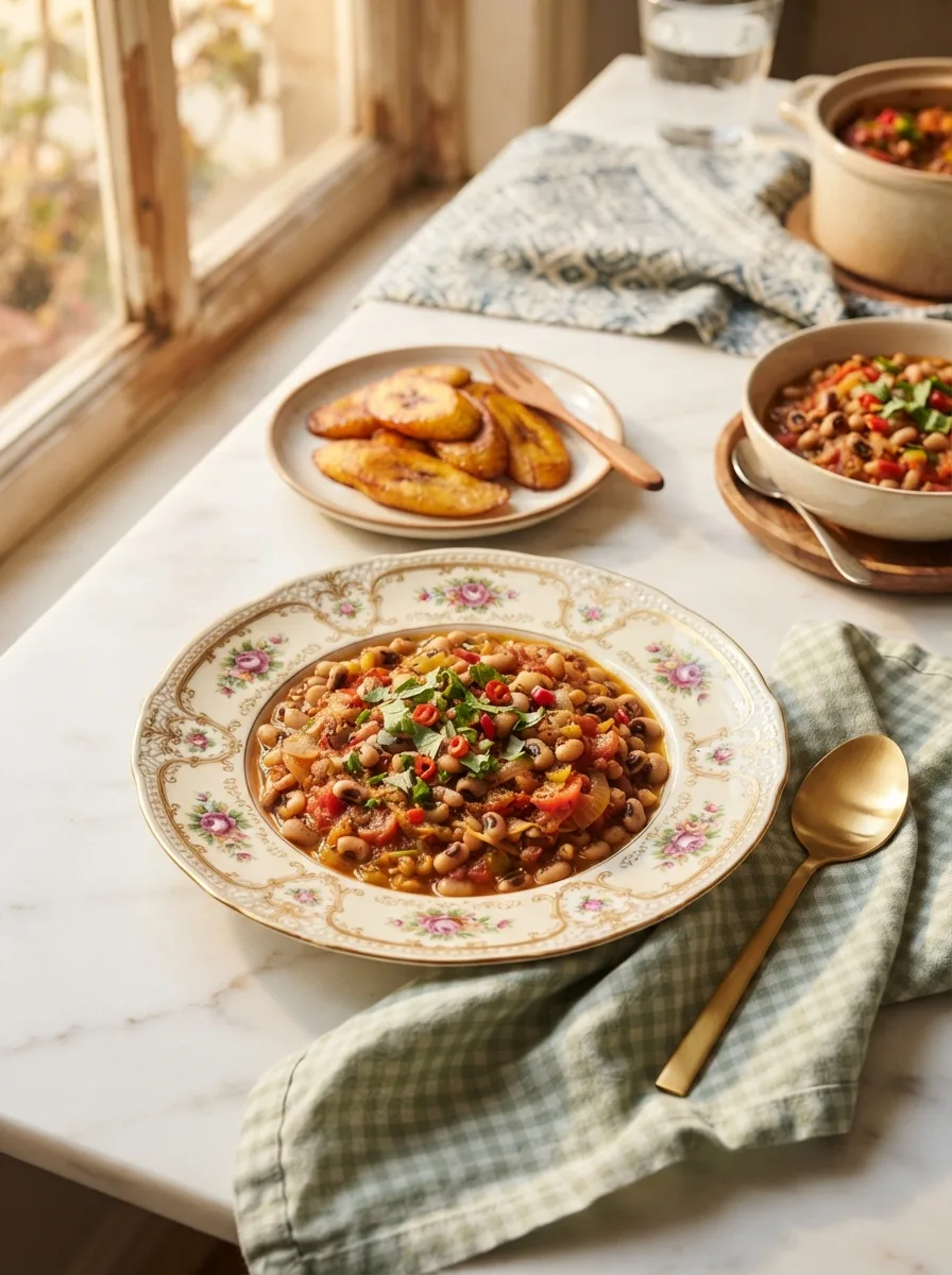 African beans stew served with fried plantain on a floral plate at a styled table