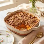 Foolproof Aldi sweet potato casserole with golden pecan streusel topping in a ceramic baking dish