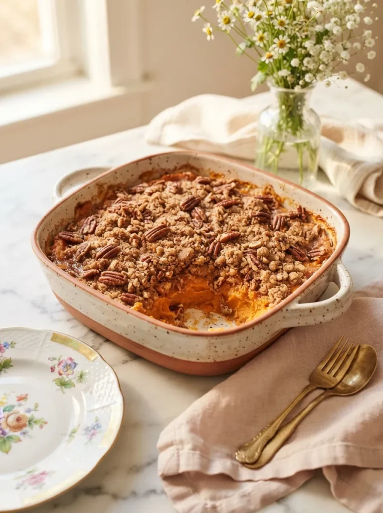 Foolproof Aldi sweet potato casserole with golden pecan streusel topping in a ceramic baking dish