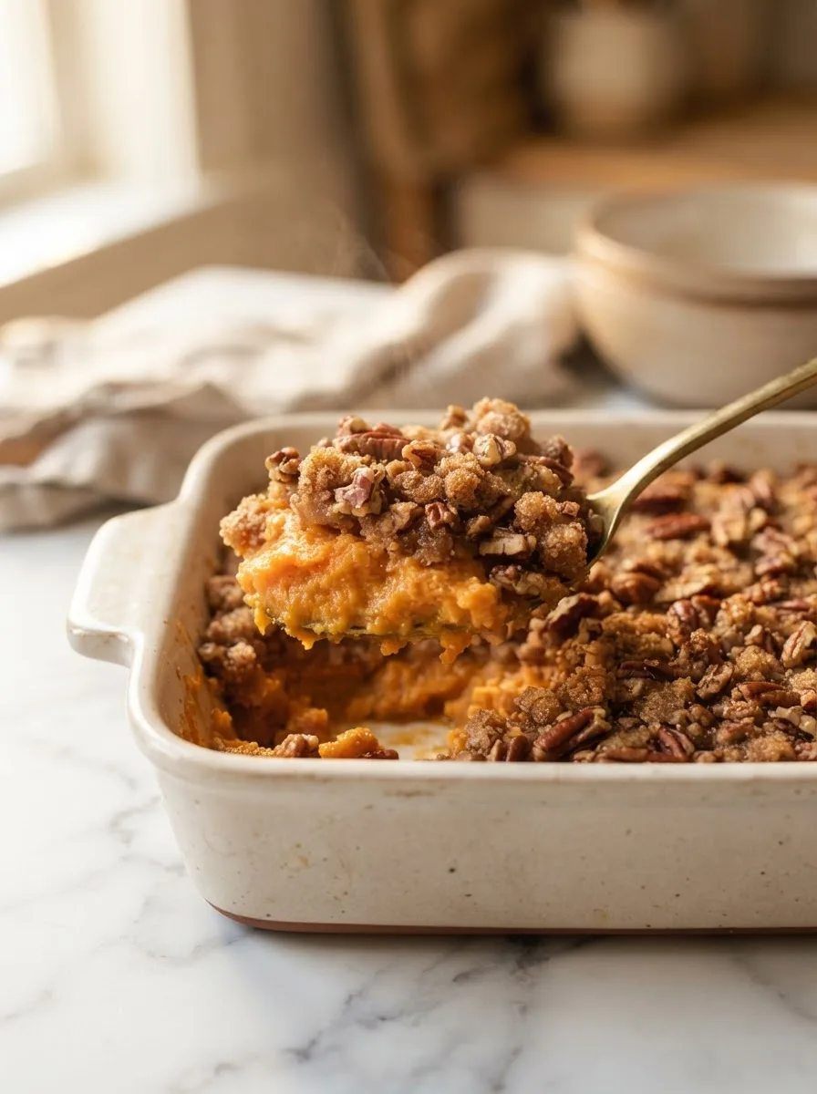 Spoon lifting creamy Aldi sweet potato casserole showing pecan streusel crust and soft filling