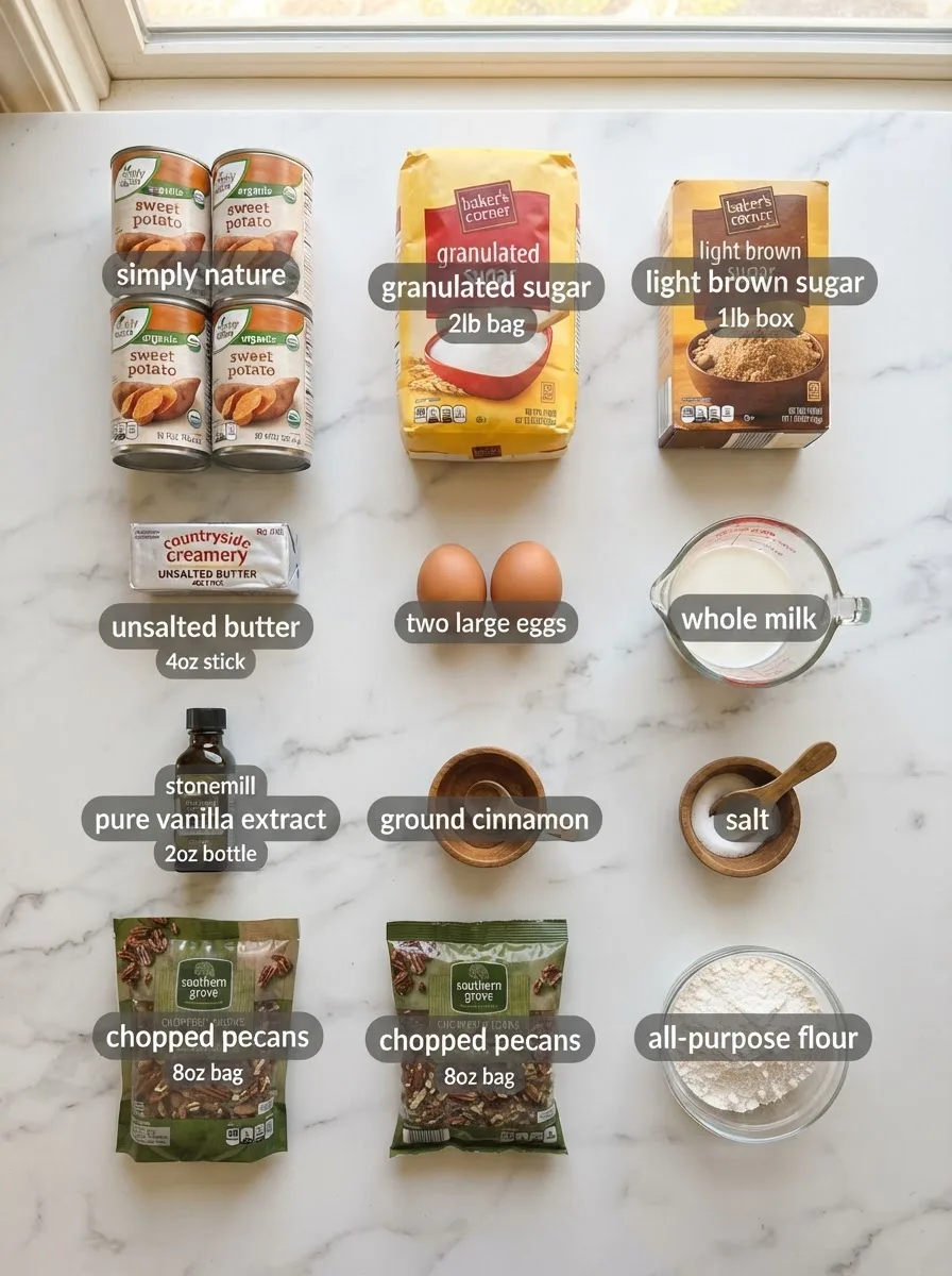 Ingredients for Aldi sweet potato casserole including canned sweet potatoes, pecans, and brown sugar