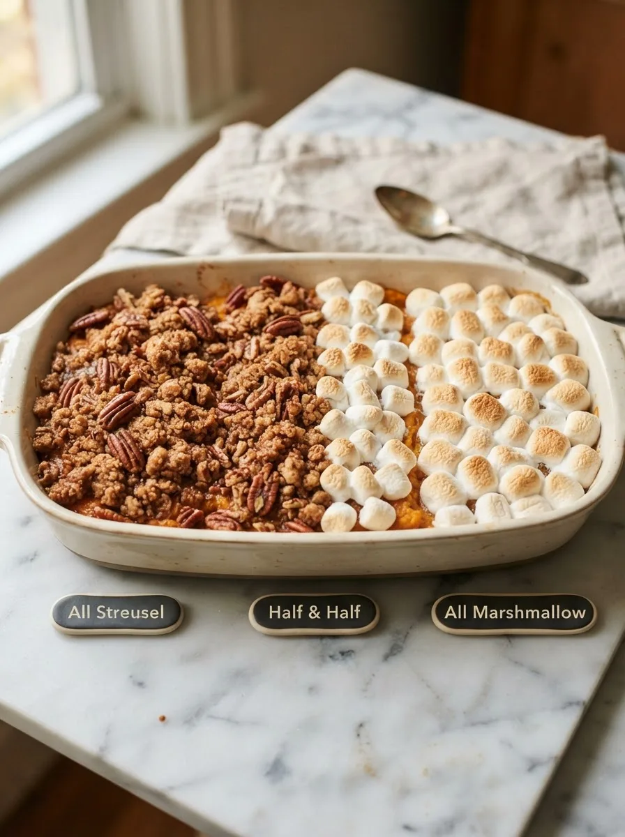 Aldi sweet potato casserole topping comparison — all streusel versus all marshmallow versus half and half