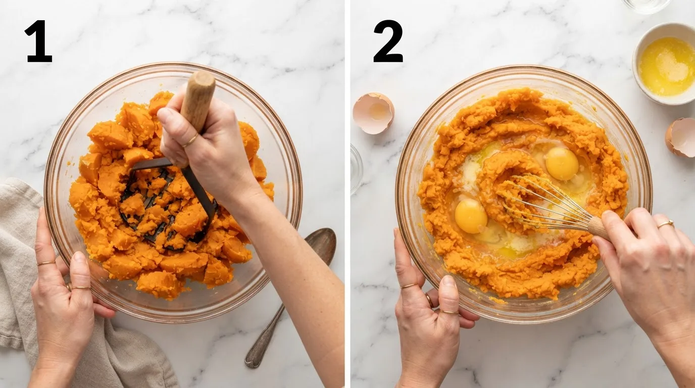 Mashing drained canned sweet potatoes in a glass mixing bowl for casserole filling / Whisking eggs and melted butter into mashed sweet potato casserole filling