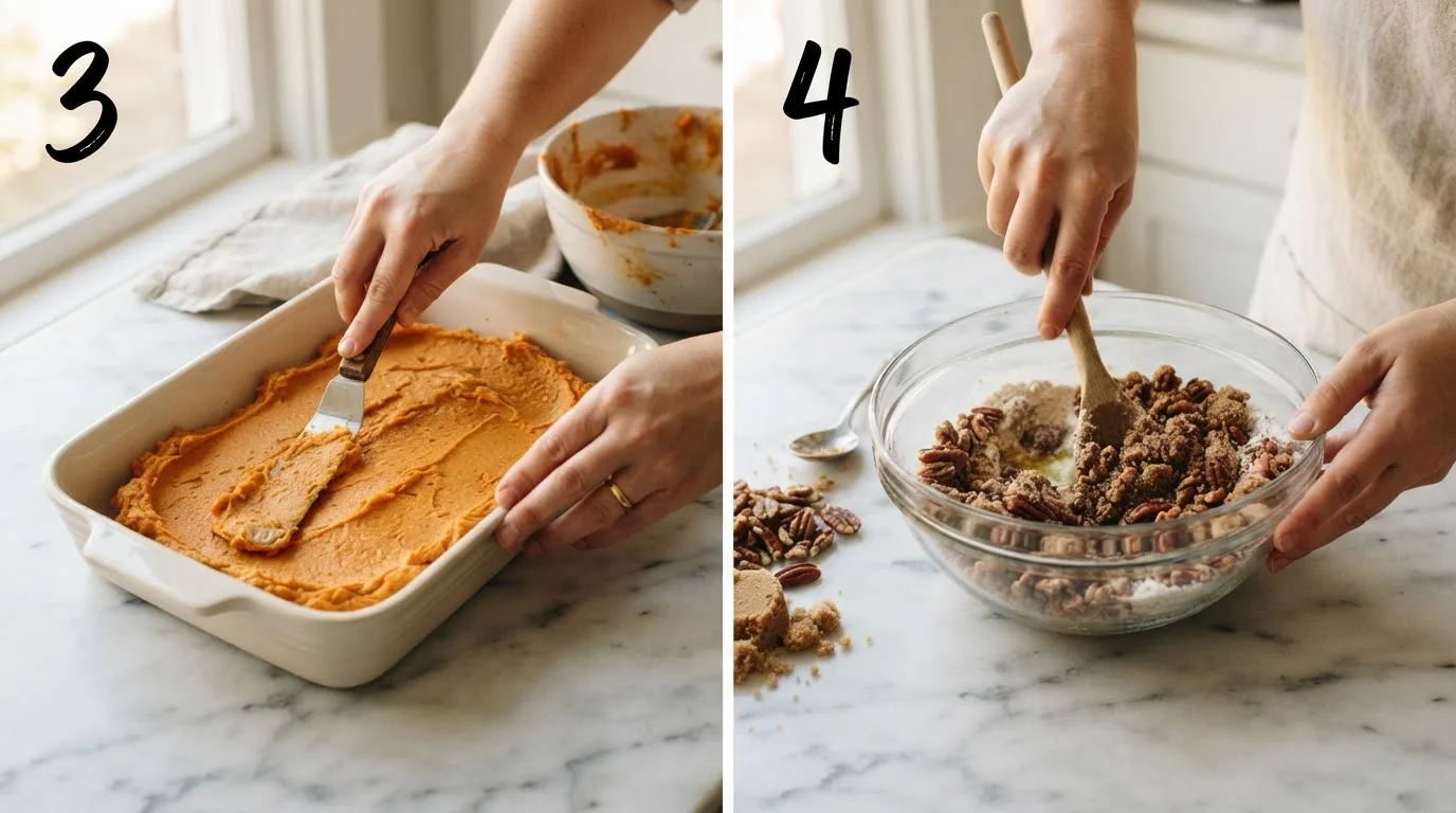 Spreading sweet potato casserole filling evenly into a ceramic baking dish / Stirring pecan streusel topping with brown sugar and melted butter in a glass bowl