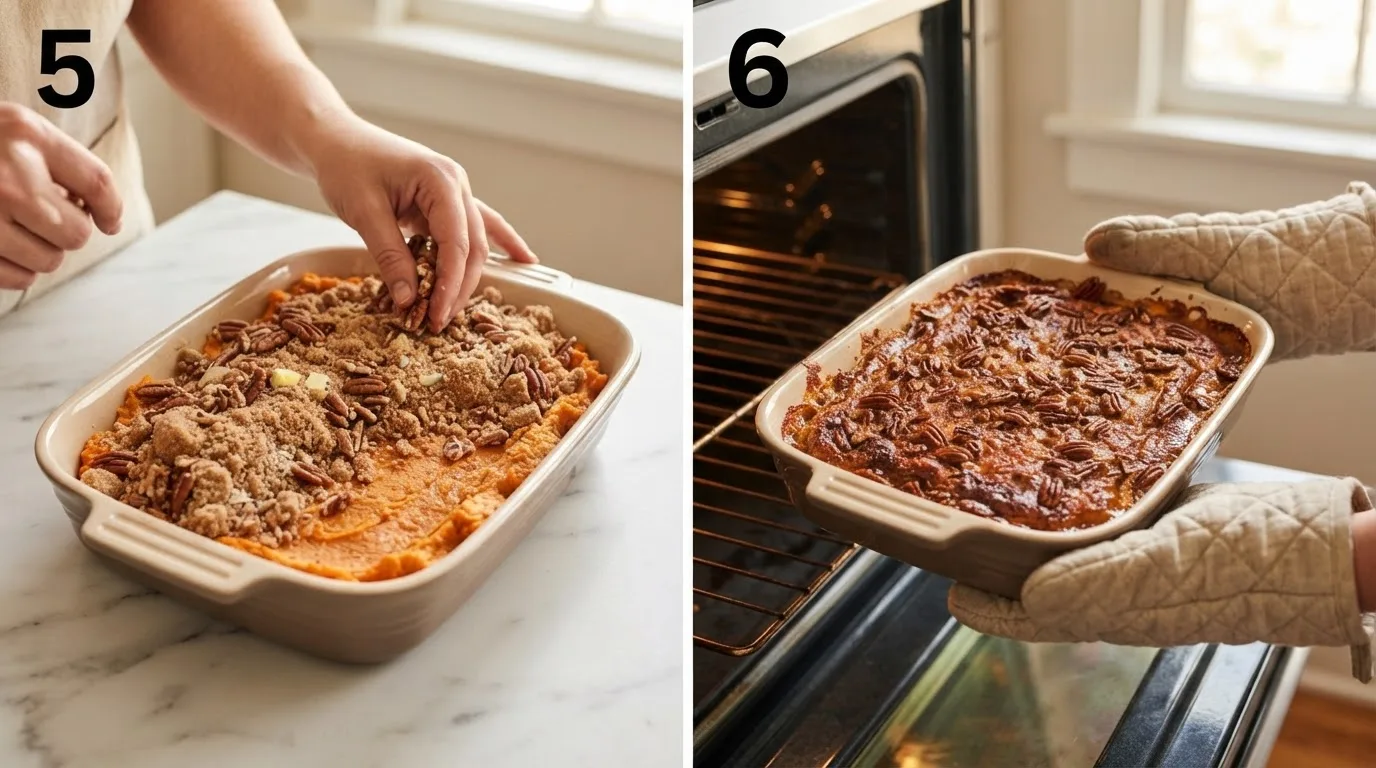 Scattering pecan streusel evenly over sweet potato casserole before baking / Finished Aldi sweet potato casserole with golden streusel topping fresh from the oven