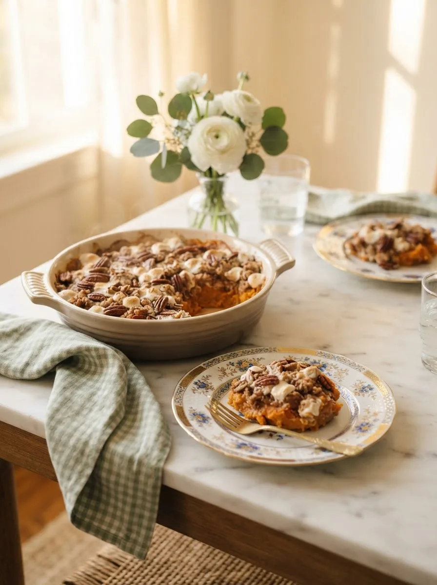Aldi sweet potato casserole served at a holiday table with a plated portion and gold flatware