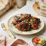 Charred authentic jerk chicken thighs with glossy marinade glaze on a floral gold-rimmed plate