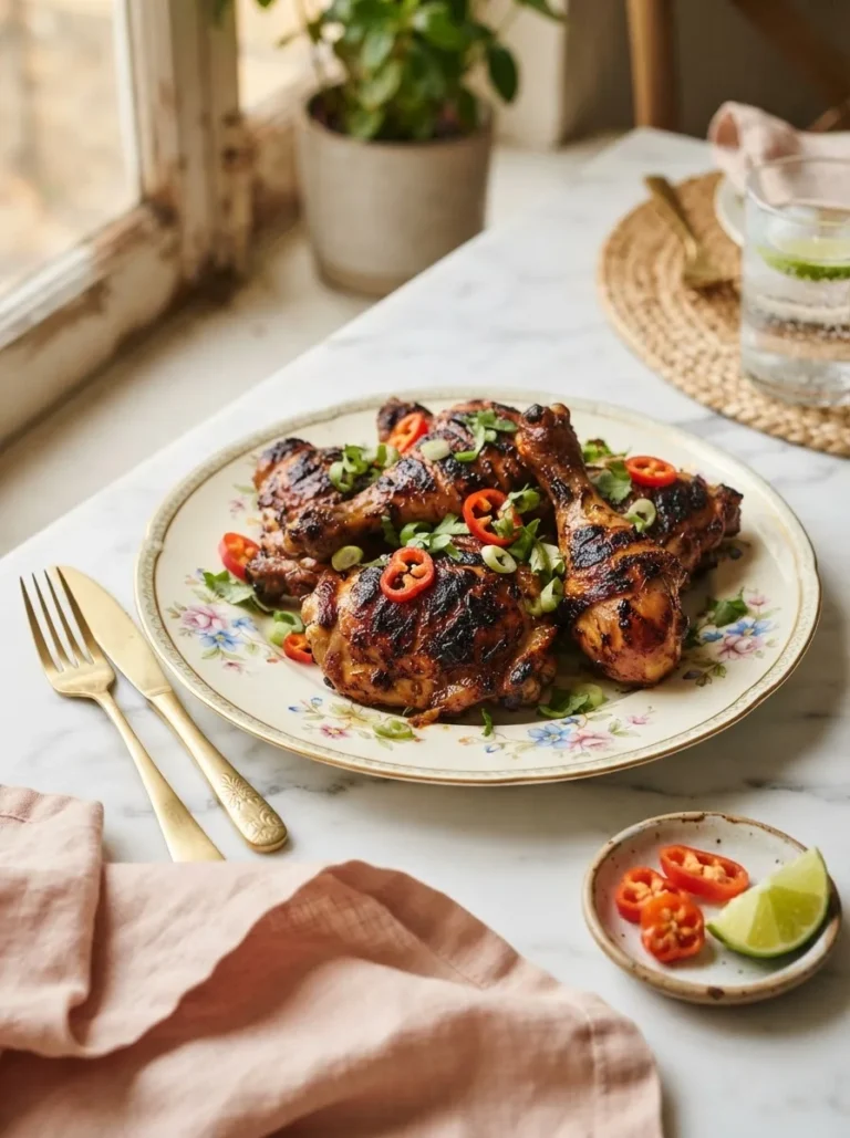 Charred authentic jerk chicken thighs with glossy marinade glaze on a floral gold-rimmed plate