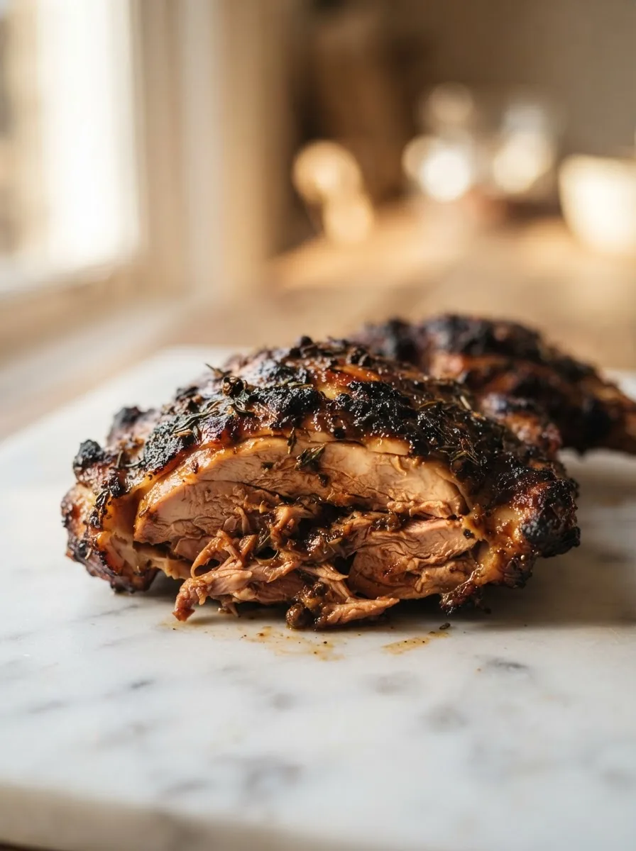 Sliced jerk chicken thigh showing deep marinade penetration beneath charred skin