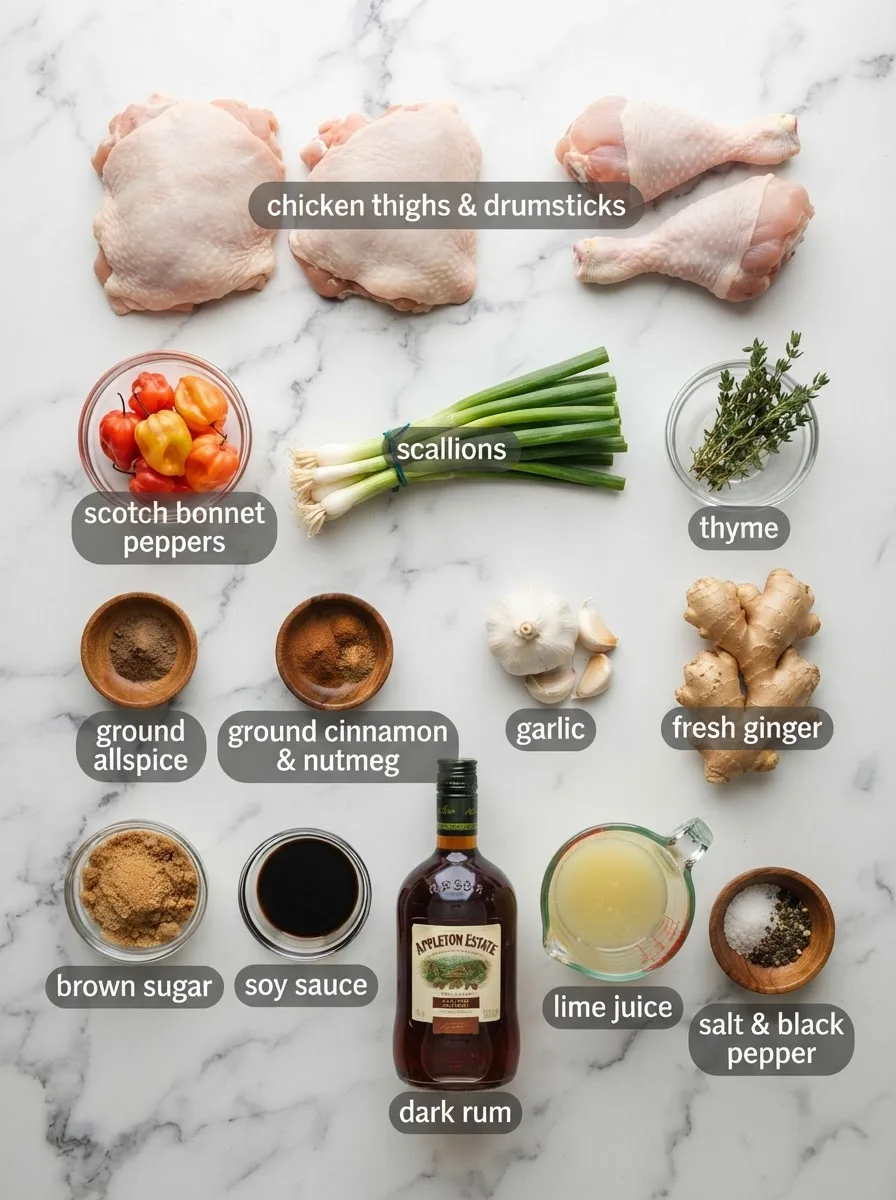 Ingredients for authentic jerk chicken including scotch bonnet, allspice, and fresh thyme