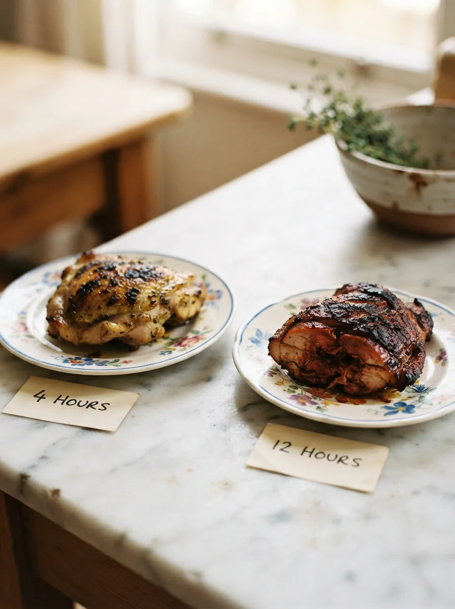 Side-by-side comparison of jerk chicken marinated 4 hours versus 12 hours