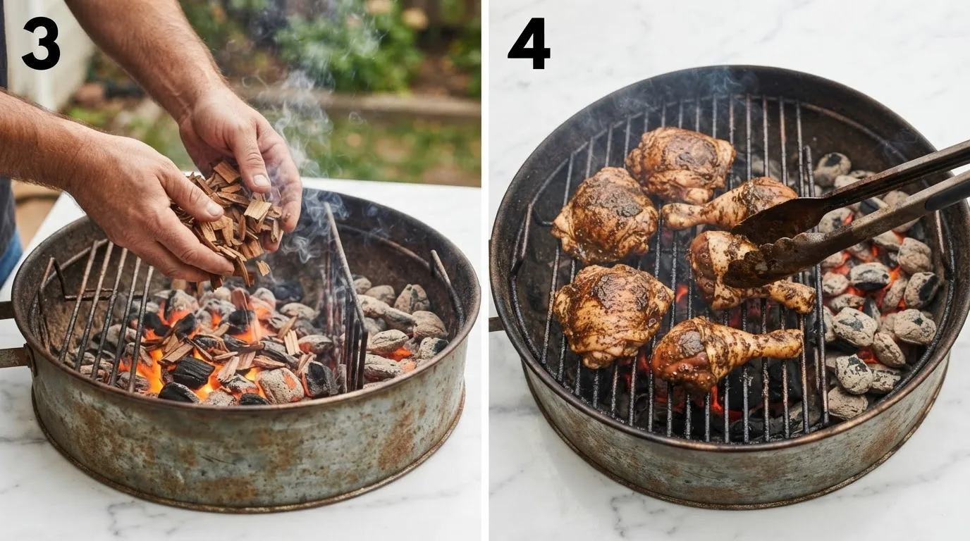 Scattering pimento wood chips over charcoal for authentic jerk chicken smoke / Placing marinated jerk chicken skin-side down on a two-zone grill