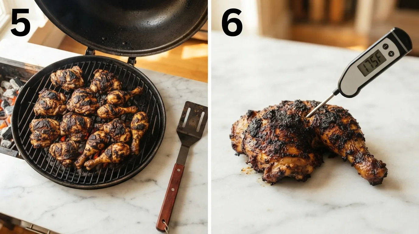Moving jerk chicken to the cool side of a two-zone grill to finish cooking / Checking jerk chicken doneness with a meat thermometer at the thickest part