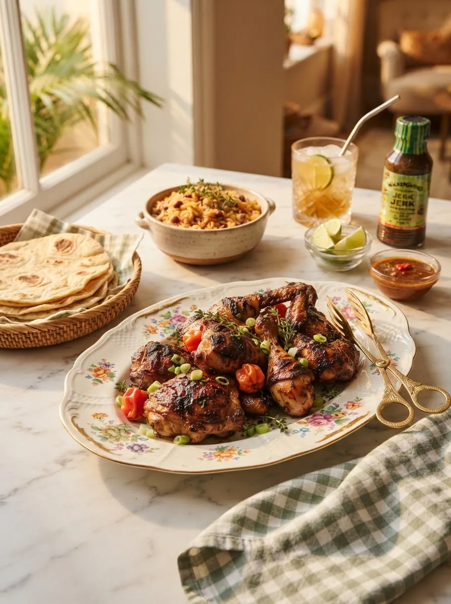Authentic jerk chicken platter served alongside Jamaican roti and rice and peas