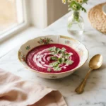 Bowl of roasted beetroot and sweet potato soup with coconut milk swirl and coriander garnish