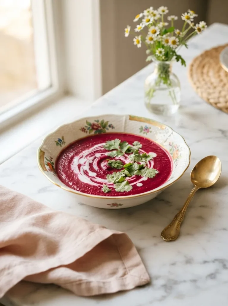 Bowl of roasted beetroot and sweet potato soup with coconut milk swirl and coriander garnish
