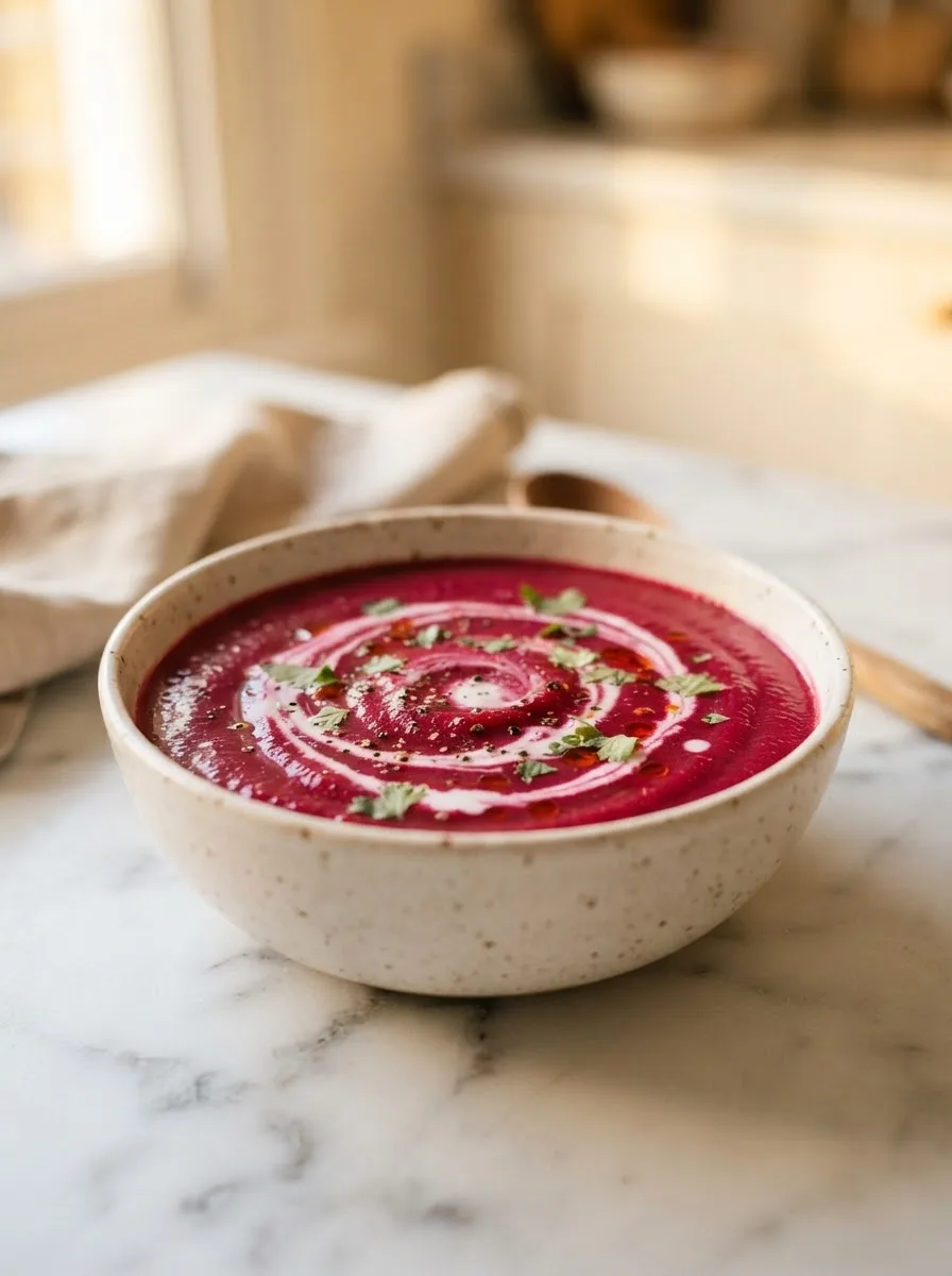 Close-up of silky beetroot and sweet potato soup with a coconut milk swirl