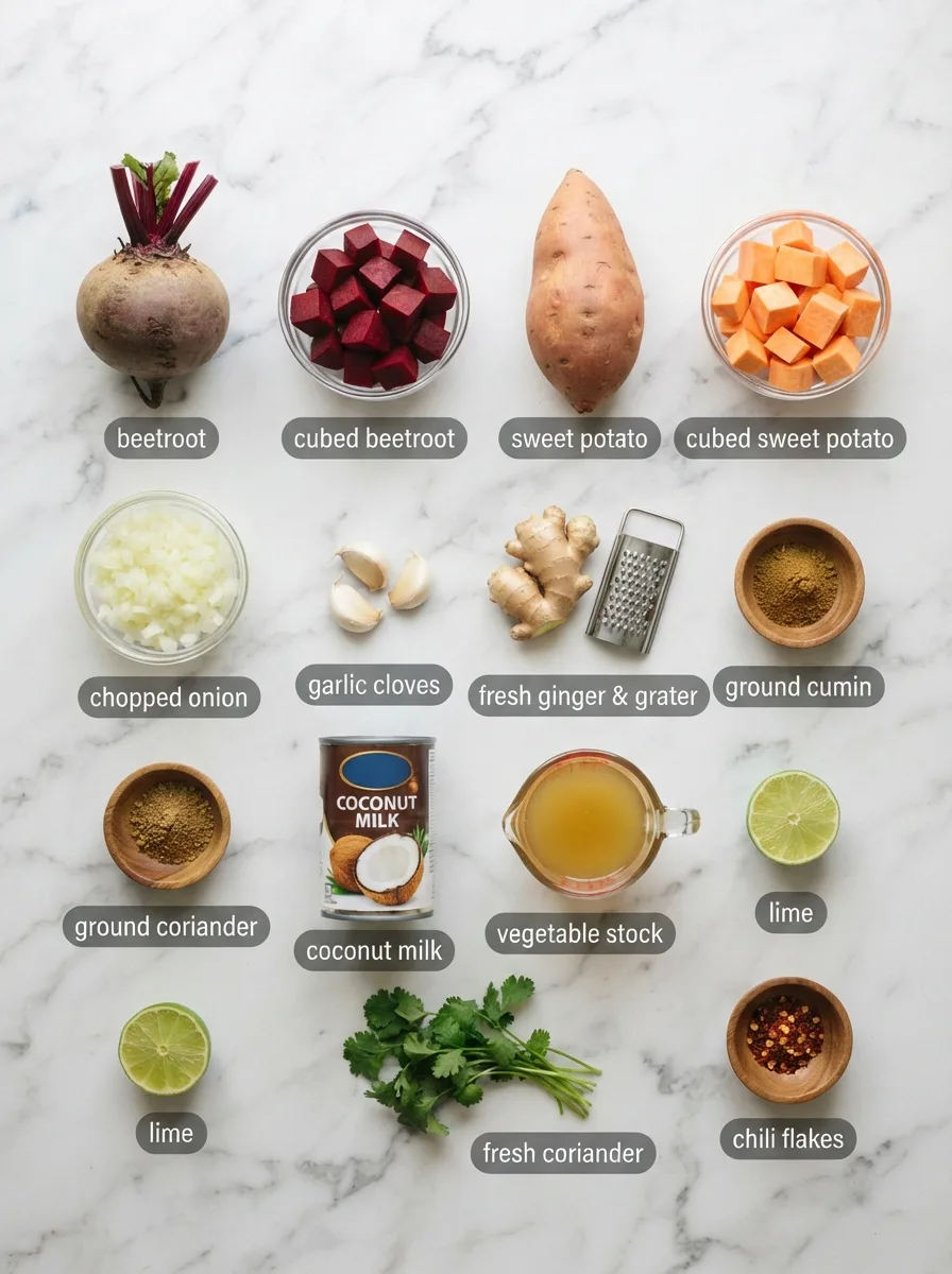 Ingredients for beetroot and sweet potato soup arranged on a marble surface