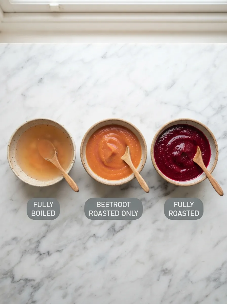 Comparison of boiled versus roasted beetroot and sweet potato soup texture and color