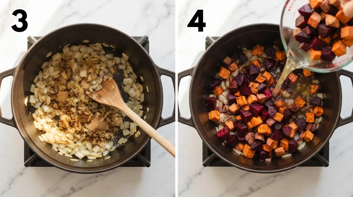 Toasting ground cumin and coriander with softened onions / Adding roasted beetroot and sweet potato to the pot with stock