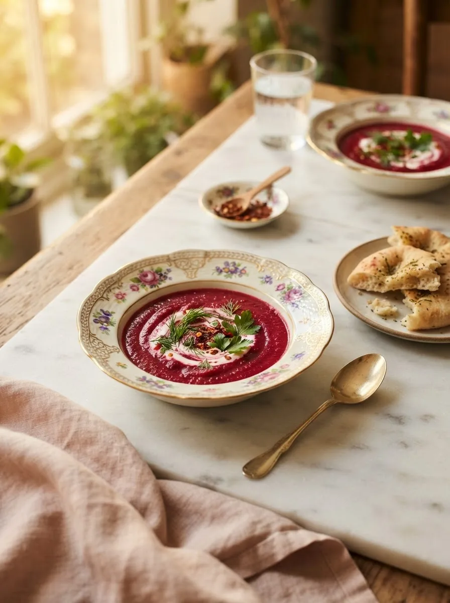 Table scene with beetroot and sweet potato soup served with flatbread
