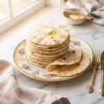 Stacked belizean flour tortilla recipe on a floral gold-rim plate with melting butter