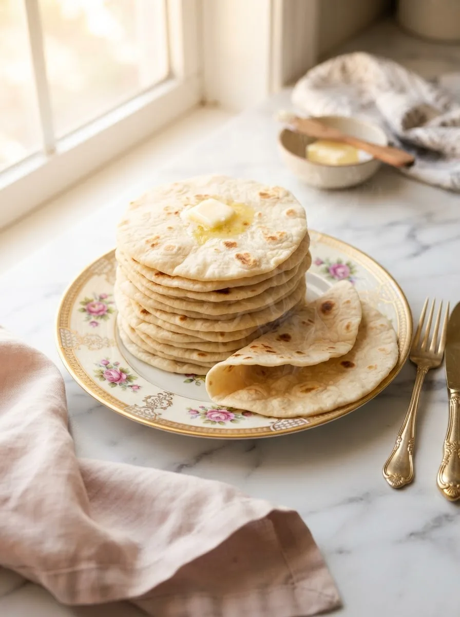 Stacked belizean flour tortilla recipe on a floral gold-rim plate with melting butter