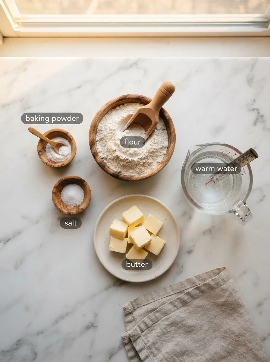 Ingredients for belizean flour tortilla recipe measured into bowls: flour, butter, water